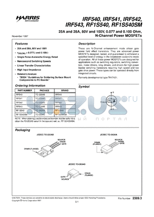 RF1S540 datasheet - N-channel power MOSFET, 100V, 28A