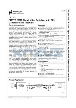 CLC021VGZ-3.3 datasheet - SMPTE 259M Digital Video Serializer with EDH Generation/Insertion