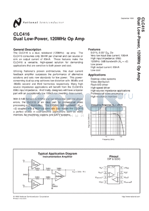 CLC416AJE-TR datasheet - Dual, Low Cost, Low Power, 120 MHz Op Amp