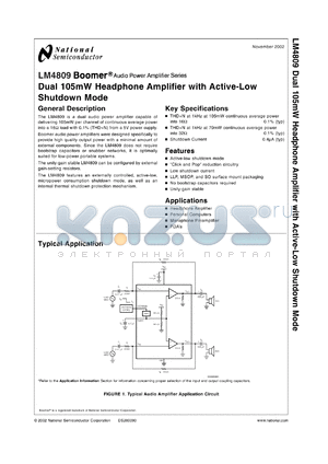 LM4809LDX datasheet - LM4809 Dual 105mW Headphone Amplifier with Active-Low Shutdown Mode