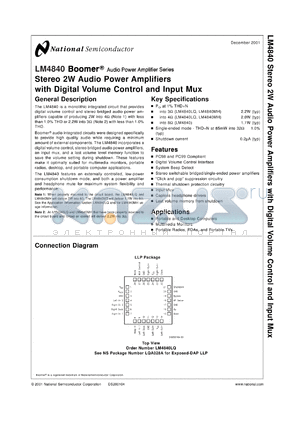 LM4840MTX datasheet - Stereo 2W Audio Power Amplifiers with Digital Volume Control and Input Mux