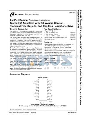 LM4841LQ datasheet - Stereo 2W Amplifiers with DC Volume Control, Transient Free Outputs, and Cap-less Headphone Drive