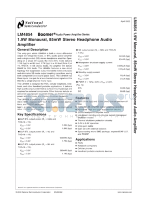 LM4854IBLX datasheet - 1.9W Monaural, 85mW Stereo Headphone Audio Amplifier