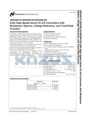 ADC08131BIWM datasheet - 8-Bit High Speed Serial I/O A/D Converter with Multiplexer Options, Voltage Reference and Track/Hold Function