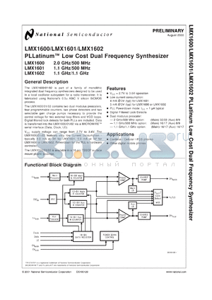 LMX1601SLBX datasheet - 1.1 GHz/500 MHz PLLatinum Low Cost Dual Frequency Synthesizer
