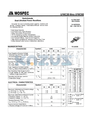 U16C30D datasheet - Switchmode dual ultrafast rectifiers, 16A, 300V, 50ns