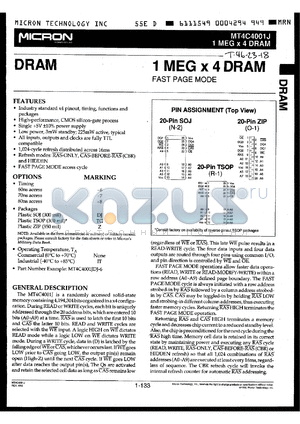 MT4C4001JZ-7IT datasheet - 1M x 4 DRAM fast page mode, 70ns