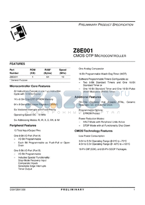Z8E00110PEC datasheet - CMOS OTP Microcontroller, 1Kb ROM, 64b RAM, 10MHz