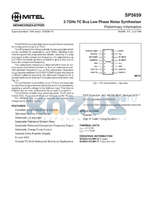 SP5659KG/MP1S datasheet - 2-7GHz I2C bus low phase noise synthesiser