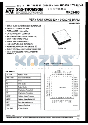 MK62486Q24 datasheet - Very fast CMOS 32K x 9 cache BRAM, 24MHz