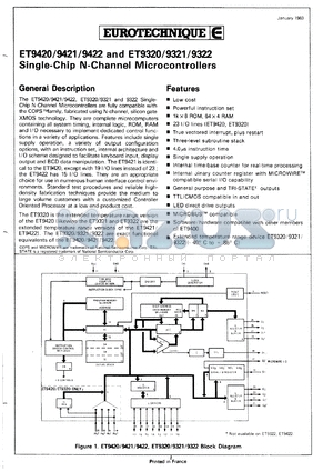 ETL9421/N datasheet - Single-chip N-channel micricontroller, 1K x 8 ROM, 64 x 4 RAM