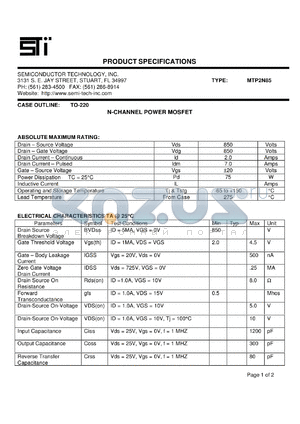 MTP2N85 datasheet - N-channel power MOSFET, 850V, 2A