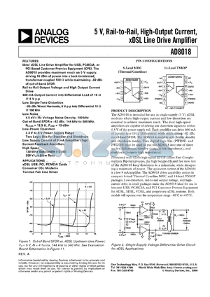 AD8018AR-REEL7 datasheet - Nominal:5V; Max:8V; 565-650mW; rail-to-rail, high-output current xDSL line driver amplifier. For xDSL USB, PCI, PCMCIA cards, consumer DSL modems, twisted pair line driver