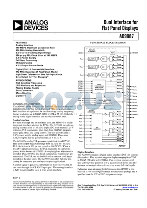 AD9887KS-140 datasheet - 3.6V; 20mA; dual interface for flat panel display. For RGB graphics processing, LCD monitors and projectors