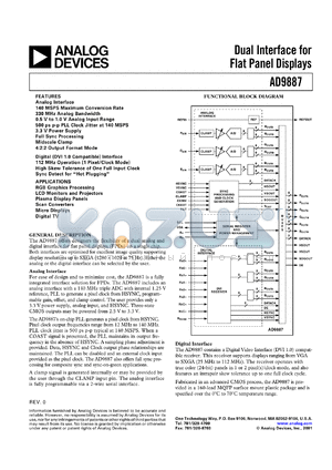 AD9887KS-100 datasheet - 3.6V; 20mA; dual interface for flat panel display. For RGB graphics processing, LCD monitors and projectors