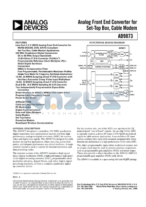 AD9873JS datasheet - 3.9V; 5mA; analog front end converter for set-top box, cable modem. For cable and satellite systems, PC multimedia, digital communications
