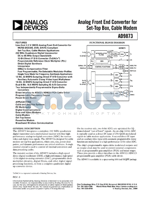 AD9873-EB datasheet - 3.9V; 5mA; analog front end converter for set-top box, cable modem. For cable and satellite systems, PC multimedia, digital communications