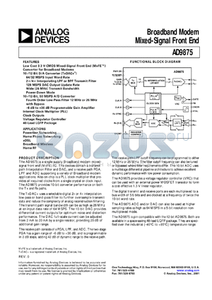 AD9875BST datasheet - 3.9V; 5mA; broadband modem mixed-signal front end