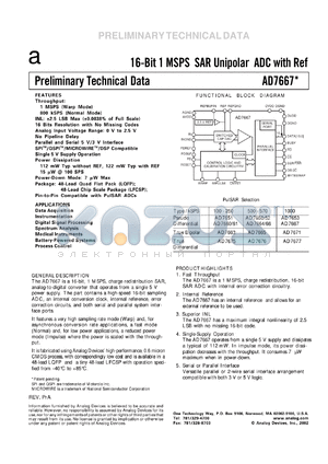 EVAL-AD7667CB datasheet - 0.3-7V; 16-bit, 1MSPS SAR unipolar ADC with ref. For data acquisition, instrumnetation, digital signal processing