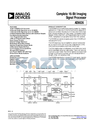 AD9826KRS datasheet - Complete 16-bit imaging signal processor. For flatbed document scanners, digital copier, multifunction peripherals
