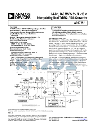 AD9775EB datasheet - 0.3-25V; 14-bit, 160MSPS 2x/4x/8x interpolating dual TxDAC+ D/A converter