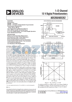 AD5260BRU50-REEL datasheet - 0.3-15V; 1-/2-channel 15V digital potentiometers. For mechanical potentiometer replacement, instrumentation: gain, offset adjustment, stereo channel audio level control, programmable voltage to current conversion, programmable filters, delays, ... etc.