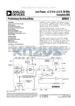 AD9834BRU datasheet - LOw power, +2.3to +5.5V; 50MHz complete DDS. For digital modulation, slow sweep generator, test equipment DDS tuning