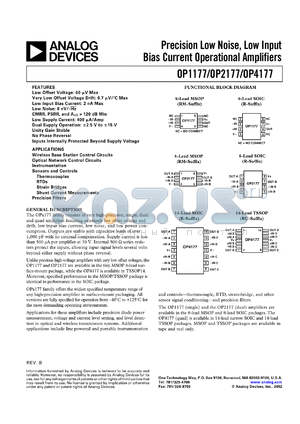 OP4177ARM datasheet - 36V; precision low-noise, low input bias current operational amplifier. For wireless base station control circuit, optical network control circuit, instrumentation, sensors and controls