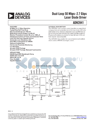 ADN2841ACP-48-RL7 datasheet - 7V; dual-loop 50Mbps-2.7Gbps laser diode driver. For DWDM dual MPD wavelength fixing, SONET OC-1/3/12/48, SDH STM-1/4/16, fiber channel, gigabit ethernet