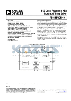 AD9849KST datasheet - 0.3-7V; CCD signal processor with integrated timing driver. For digital still cameras