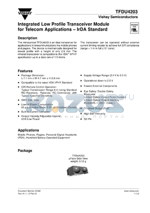 TFDU4203 datasheet - Integrated low profile transceiver module for telecom applications  IrDA standard, up 115 kbit/s