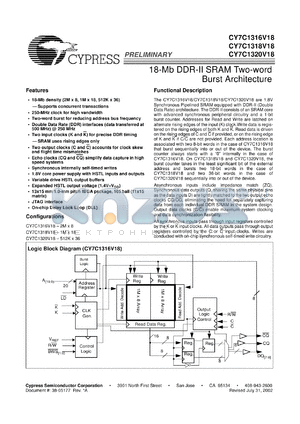 CY7C1318V18-167BZC datasheet - 18-Mb DDR-II SRAM two-word burst architecture, 167MHz