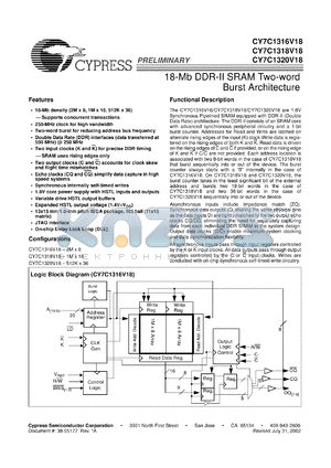 CY7C1316V18-250BZC datasheet - 18-Mb DDR-II SRAM two-word burst architecture, 250MHz