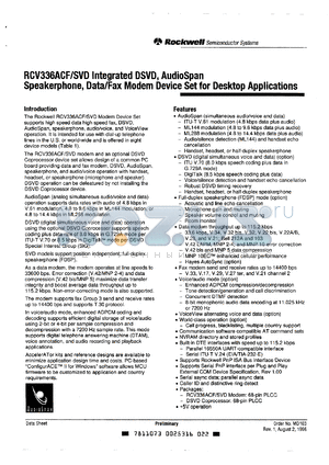 RCV336ACF/SVD datasheet - V.34 data/ V.17 fax, modem device set for desktop applications