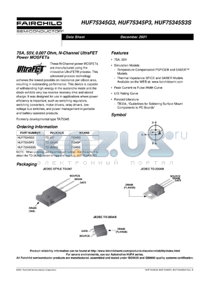 HUF75345S3 datasheet - 75A, 55V, 0.007 Ohm, N-Channel UltraFET Power MOSFETs