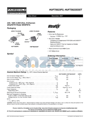 HUF75623S3S datasheet - 22A, 100V, 0.064 Ohm, N-Channel, UltraFET^ Power MOSFETs