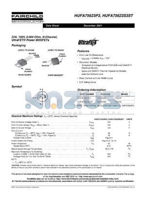 HUFA75623S3S datasheet - 22A, 100V, 0.064 Ohm, N-Channel, UltraFET^ Power MOSFETs