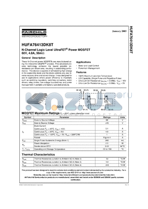 HUFA76413DK8 datasheet - N-Channel Logic Level UltraFET R Power MOSFET 60V, 4.8A, 56mOhm