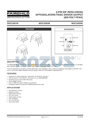 MOC3083-M datasheet - 6-Pin DIP Zero-Cross Optoisolators Triac Driver Output (800 Volts Peak)