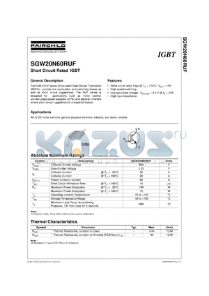 SGW20N60RUF datasheet - Short Circuit Rated IGBT