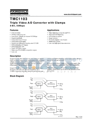 TMC1103X40 datasheet - Triple Video A/D Converter with Clamps 8-Bit, 50Msps