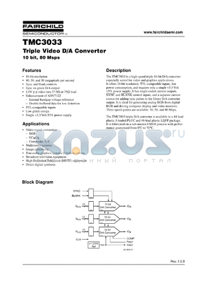 TMC3033X30 datasheet - Triple Video D/A Converter 10 bit, 80 Msps