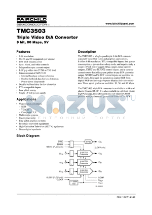 TMC3503X50 datasheet - Triple Video D/A Converter 8 bit, 80 Msps, 5V