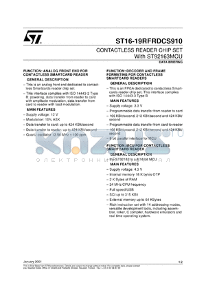 19RFDCS910 datasheet - CONTACTLESS READER CHIP SET WITH ST92163MCU