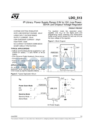 LDO_513 datasheet - IP LIBRARY: POWER SUPPLY RANGE 2.9V TO 13V, LOW POWER, 50MA LOW DROPOUT VOLTAGE REGULATORS.
