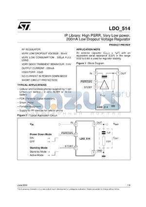 LDO_514 datasheet - IP LIBRARY: HIGH PSRR, VERY LOW POWER, 200MA LOW DROPOUT VOLTAGE REGULATOR.