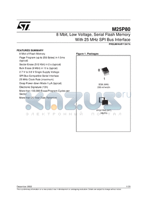 M25P80-V datasheet - 8 MBIT, LOW VOLTAGE, SERIAL FLASH MEMORY WITH 25 MHZ SPI BUS INTERFACE