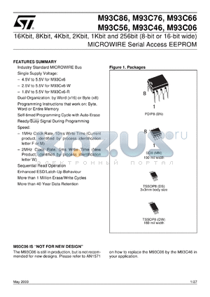 M93C06-R datasheet - 16KBIT, 8KBIT, 4KBIT, 2KBIT, 1KBIT AND 256BIT (X8/X16) SERIAL MICROWIRE BUS EEPROM