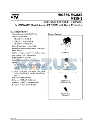 M93S56-R datasheet - 4KBIT, 2KBIT AND 1KBIT (X16) SERIAL MICROWIRE BUS EEPROM WITH BLOCK PROTECTION