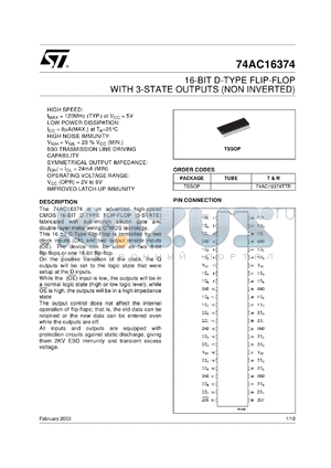 74AC16374TTR datasheet - 16-BIT D-TYPE FLIP-FLOP WITH 3-STATE OUTPUTS (NON INVERTED)